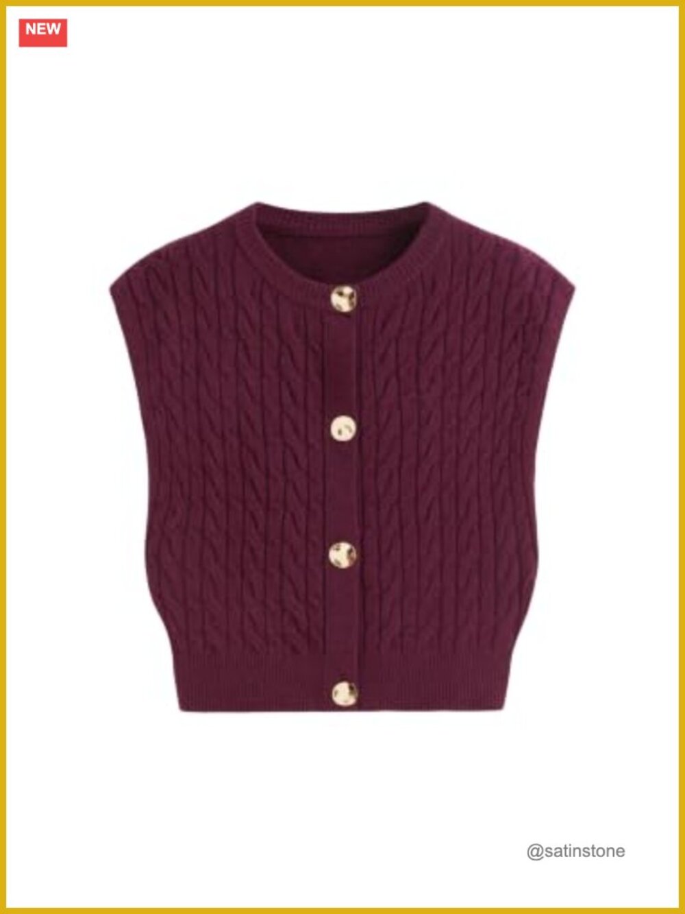Cable Knit Button Up Crop Sweater Vest Cap Sleeve Crew Neck Cardigan